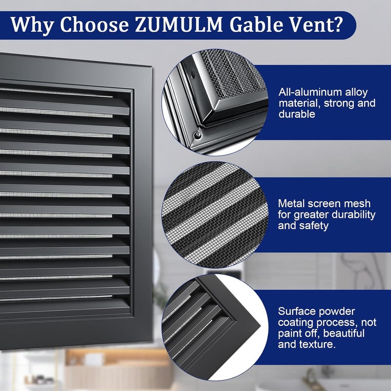 ZMLM 12" X 12" Gable Vent Aluminum Gable Vents for Houses Attic Vent Shed Vents Cover Exterior with Screen Mesh Alloy Wall Vent Ventilation for Home Garage Attic Ceiling - Vent Opening: 10" x 10" Black - Image 2